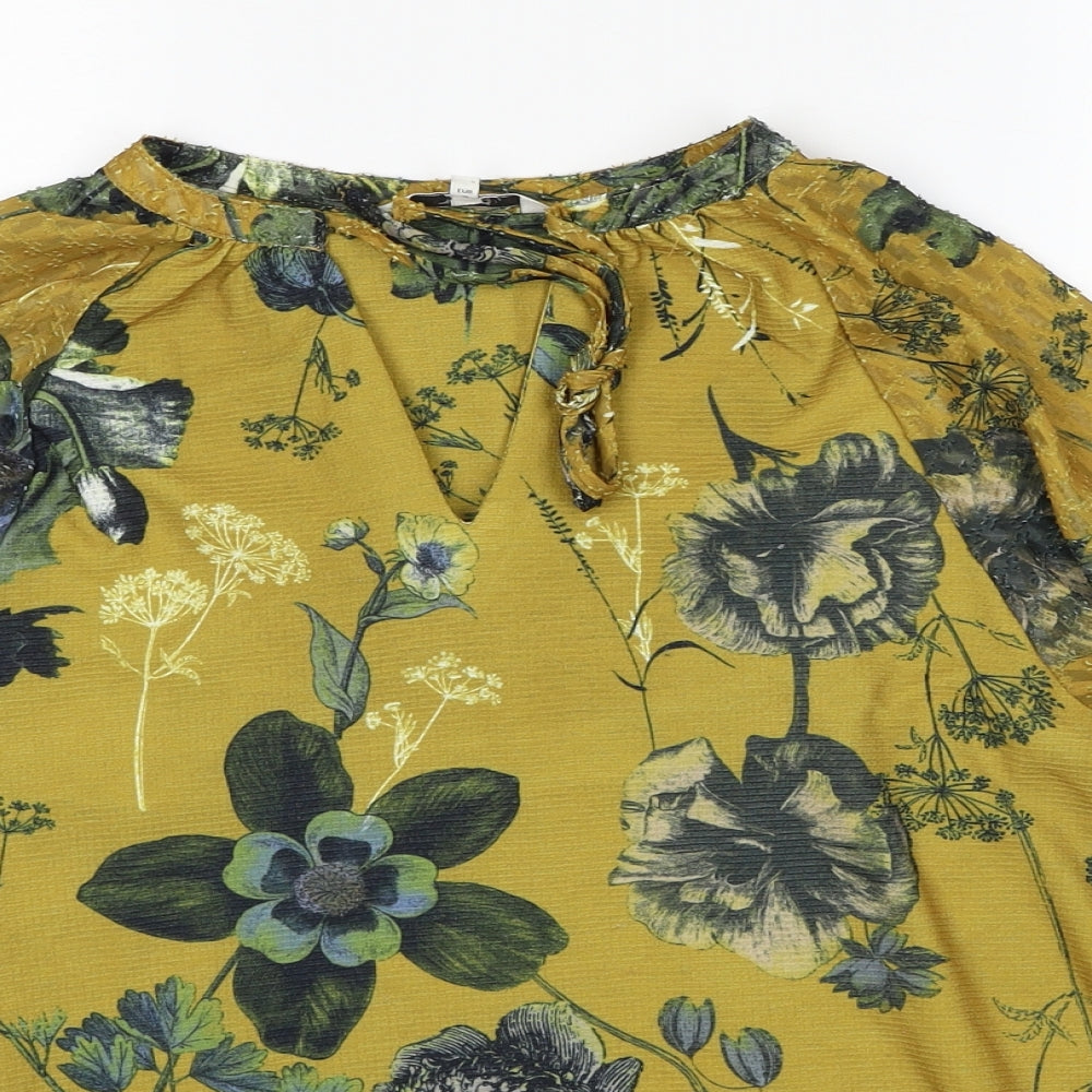 NEXT Womens Yellow Floral Polyester Basic Blouse Size 8 V-Neck - Tie Neck