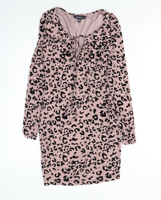Naanaa Womens Pink Animal Print Viscose Mini Size 8 Round Neck Zip