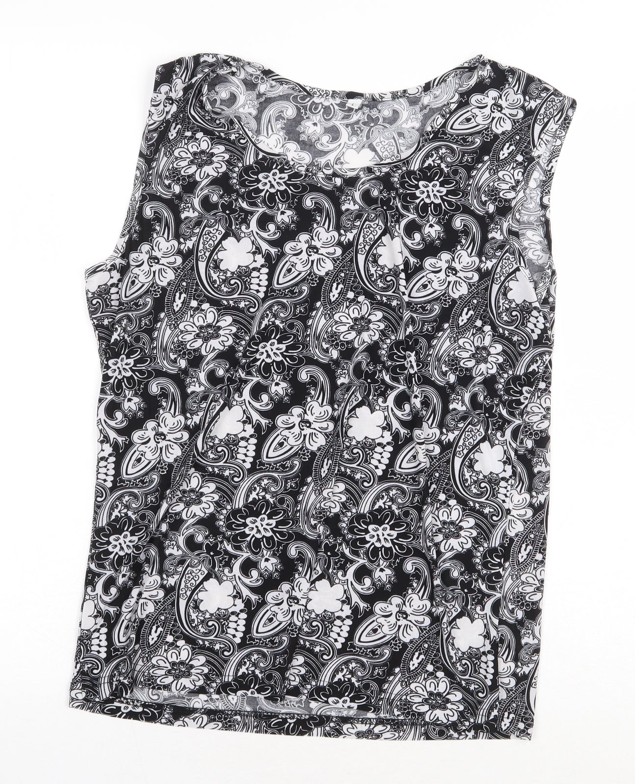 Preworn Womens Black Floral Polyester Basic Blouse Size L Round Neck