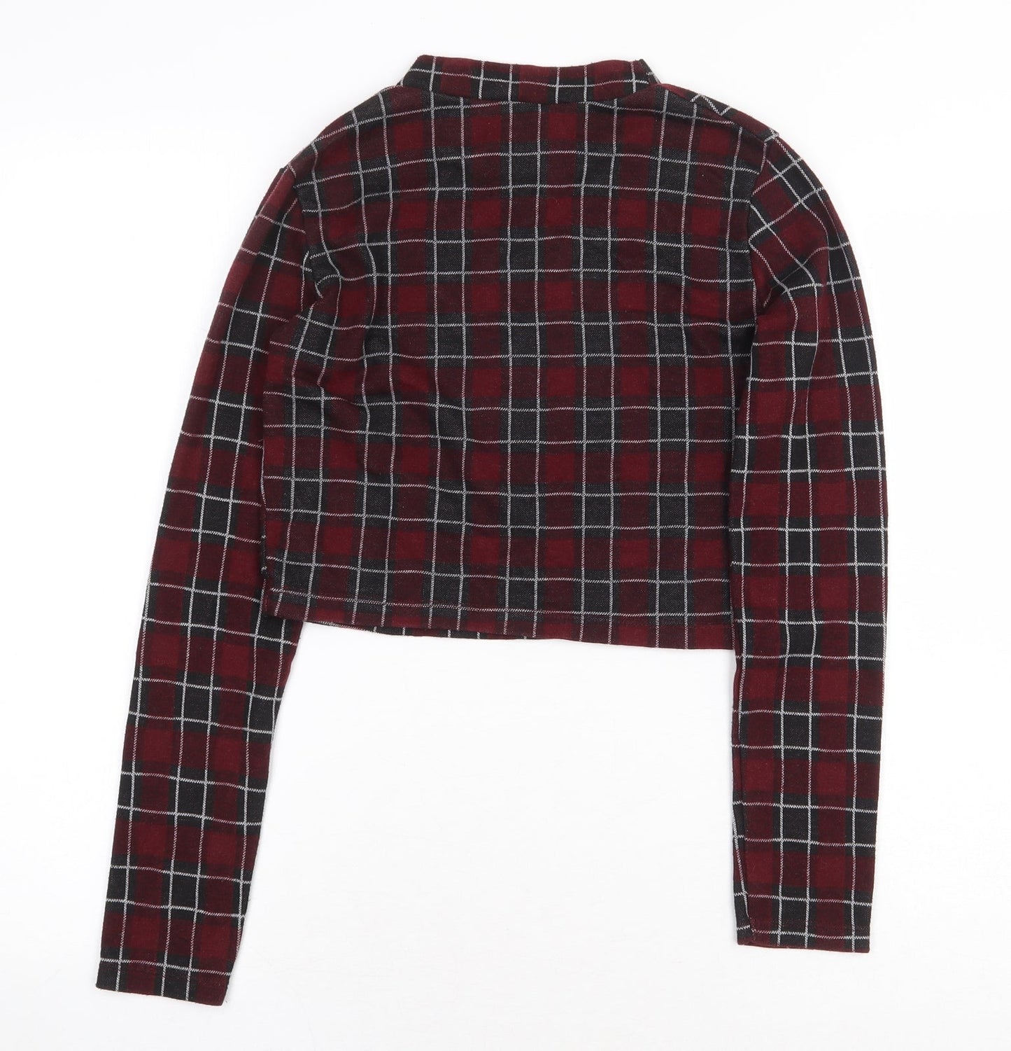 pull Womens Red Plaid Polyester Cropped T-Shirt Size M Round Neck