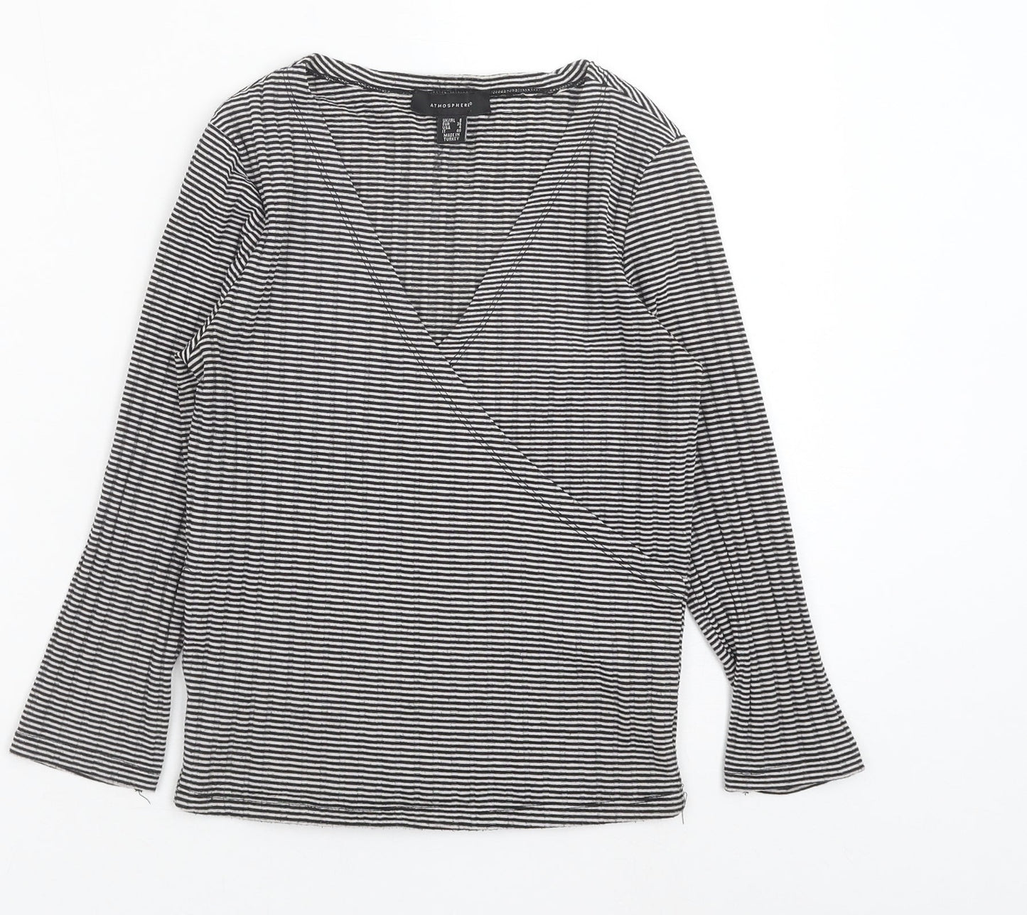 Atmosphere Womens Black Striped Polyester Basic Blouse Size 8 V-Neck