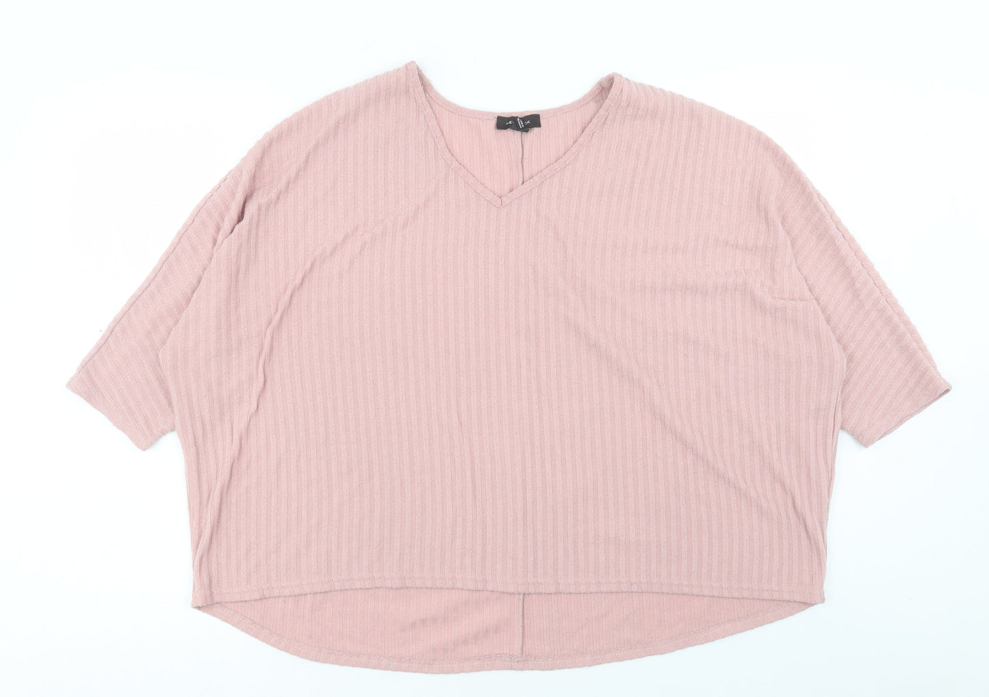 New Look Womens Pink Polyester Basic T-Shirt Size L V-Neck - Ribbed
