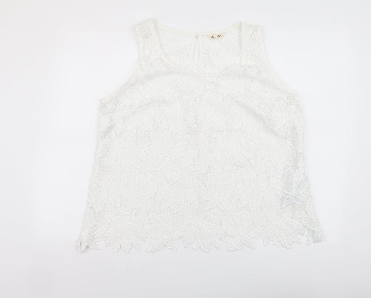 Indigo Womens White Floral Polyester Basic Tank Size 18 Round Neck