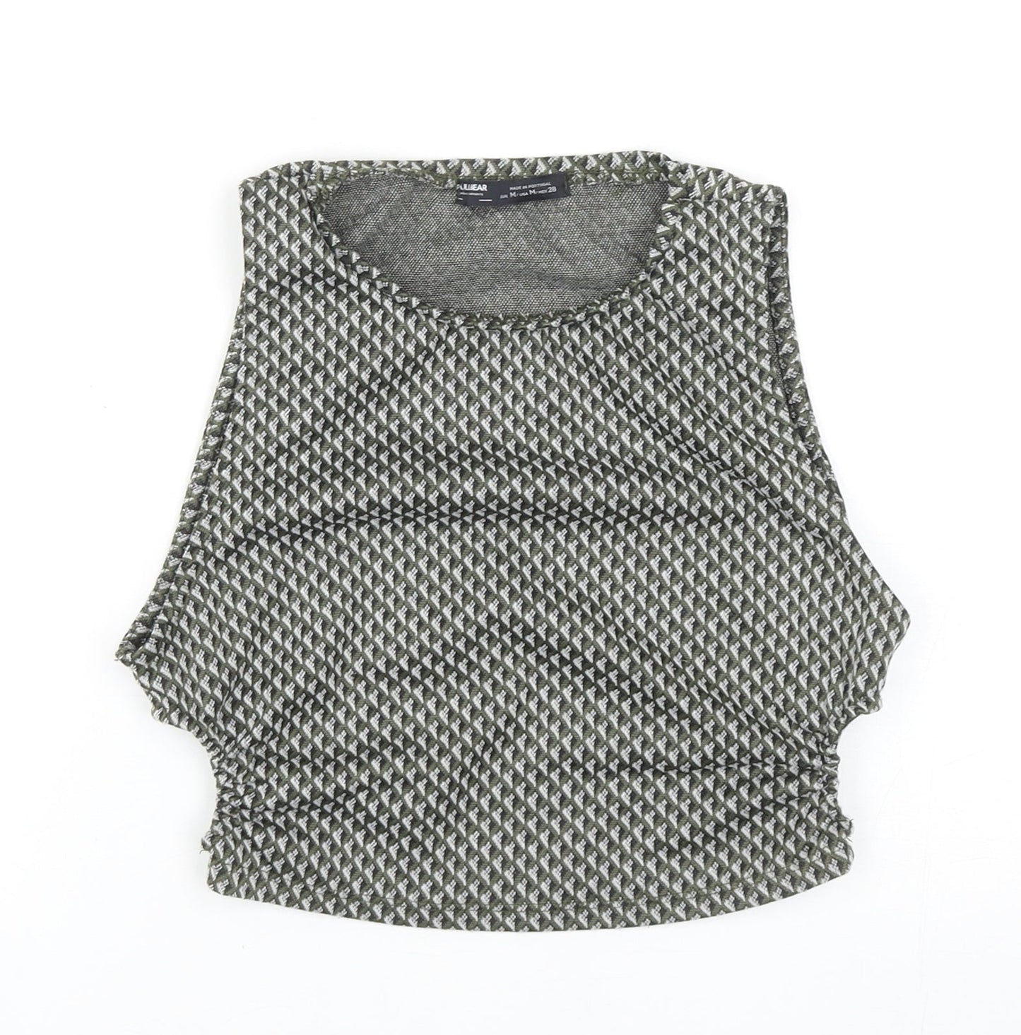 Pull&Bear Womens Green Geometric Polyester Cropped Tank Size M Round Neck