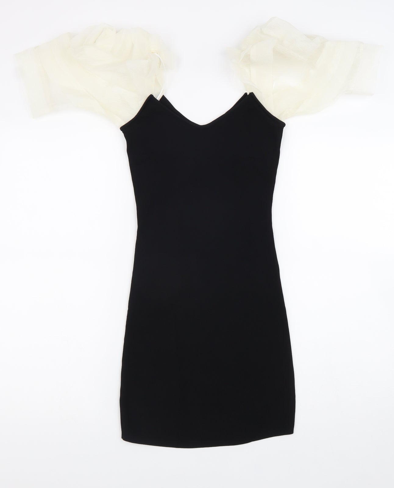Zara Womens Black Polyester Bodycon Size XS V-Neck Pullover - Balloon Sleeves