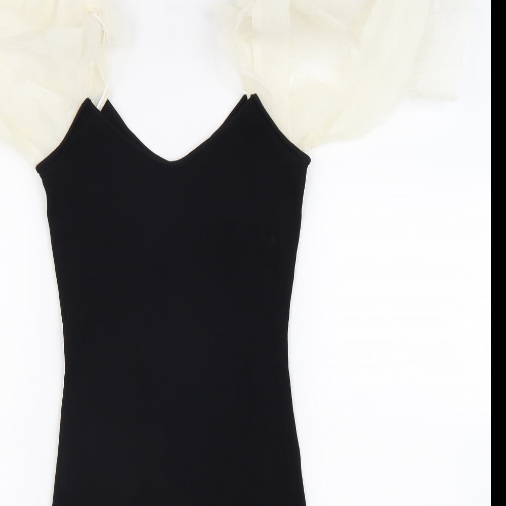 Zara Womens Black Polyester Bodycon Size XS V-Neck Pullover - Balloon Sleeves
