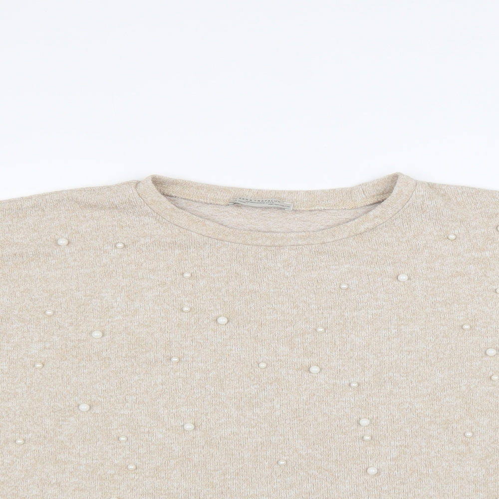 Zara Womens Beige Crew Neck Polyester Pullover Jumper Size M