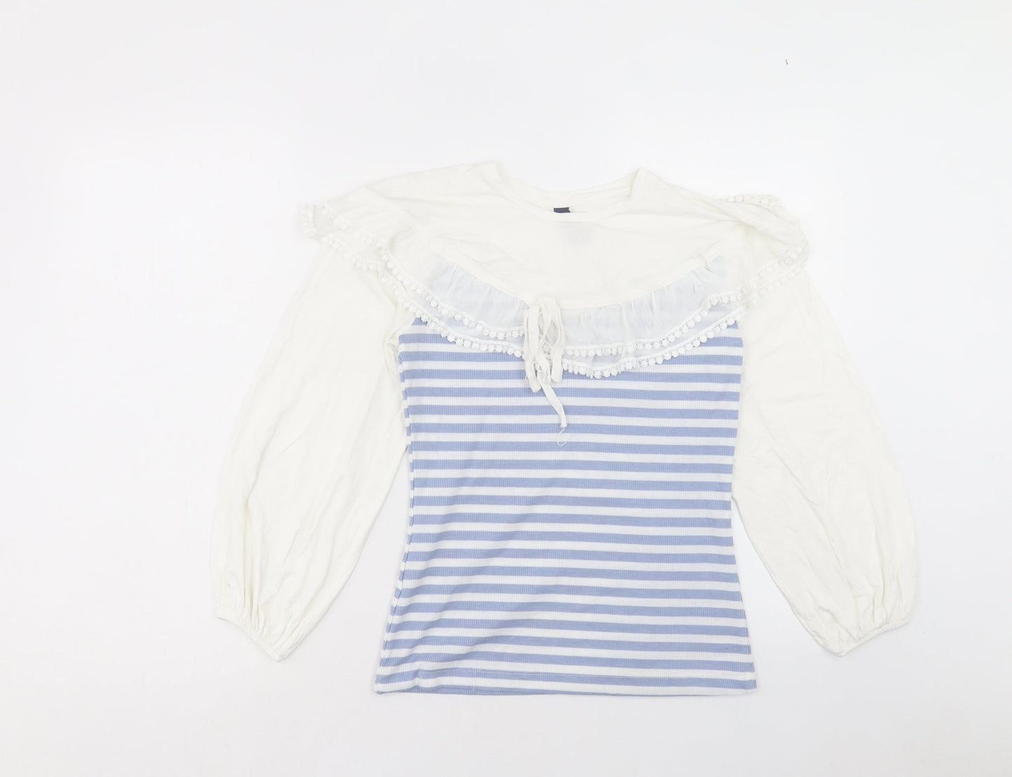Elti Womens Blue Striped Polyester Basic Blouse Size M Round Neck - Pom Pom Detail