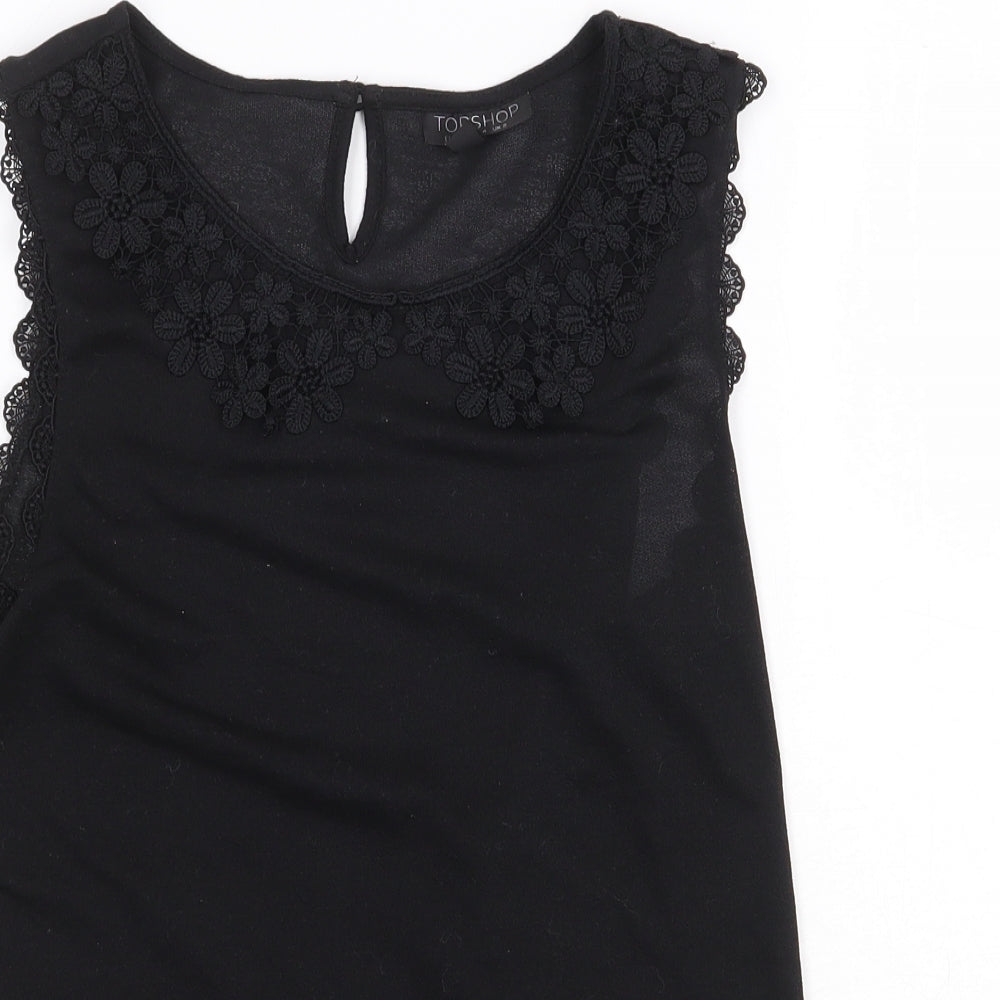 Topshop Womens Black Polyester Basic Tank Size 8 Round Neck - Flower Detail