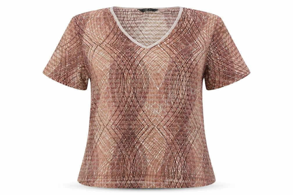 Bonmarché Womens Brown Geometric Polyester Basic T-Shirt Size L V-Neck