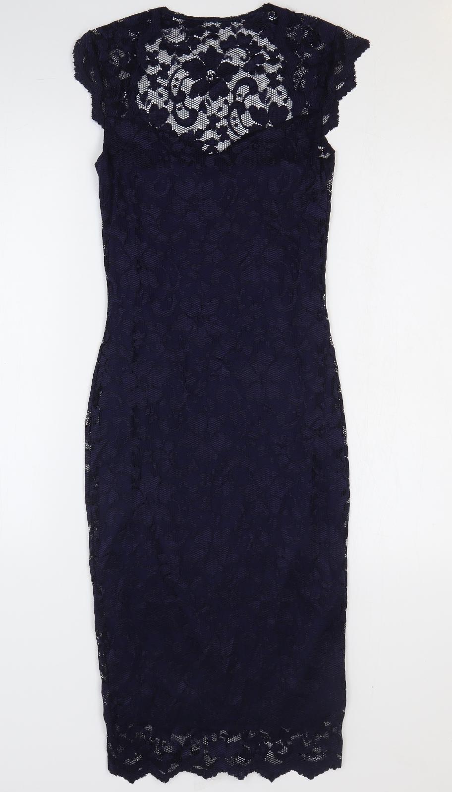 Amy Childs Collection Womens Blue Nylon Pencil Dress Size 8 Round Neck Pullover