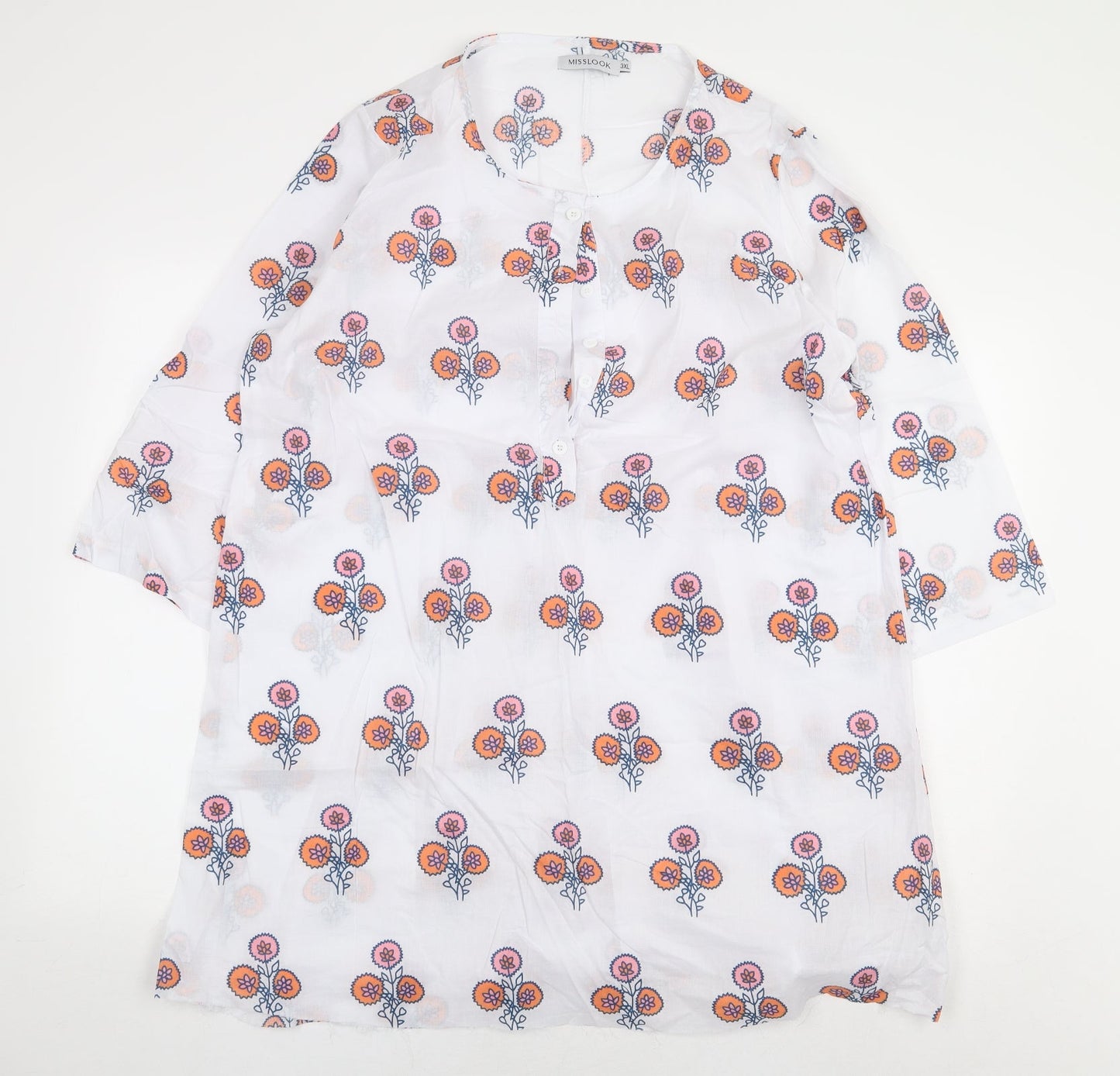 MissLook Womens White Geometric Cotton Basic Blouse Size 3XL Round Neck