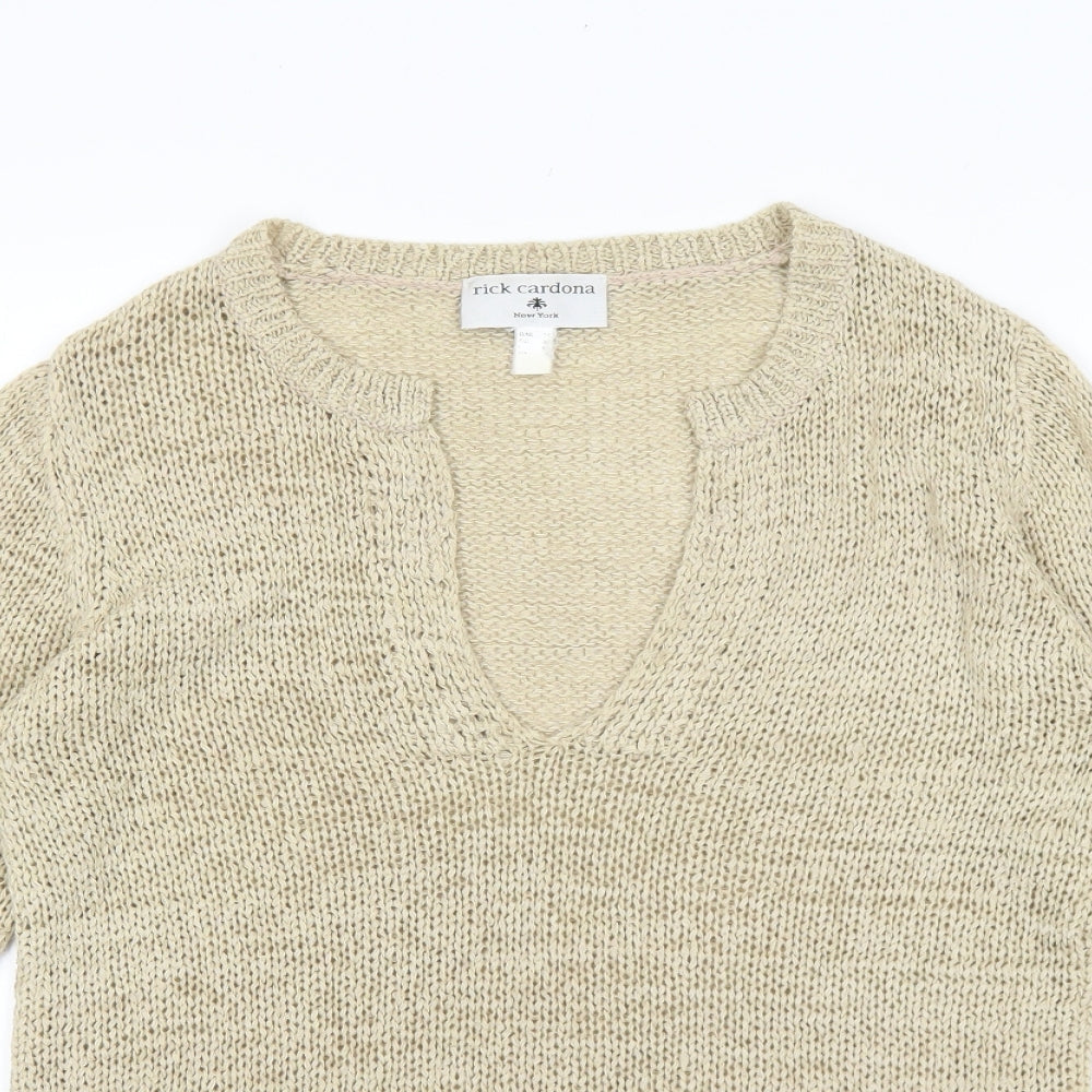 Rick Cardona Womens Beige V-Neck Acrylic Pullover Jumper Size 8