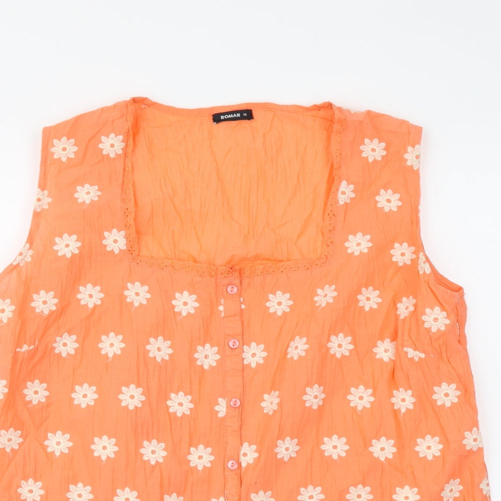 Roman Womens Orange Floral Cotton Basic Tank Size 12 Square Neck