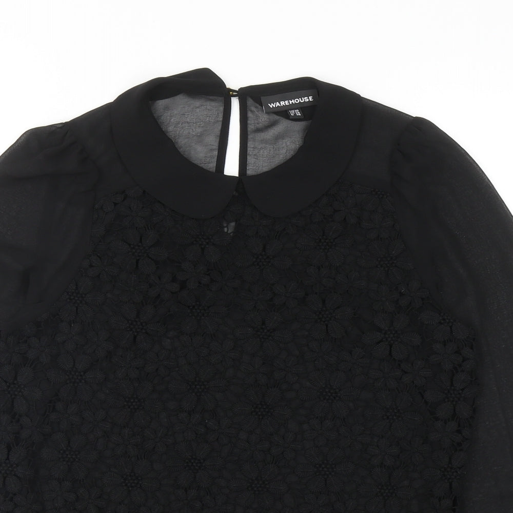 Warehouse Womens Black Floral Polyester Basic Blouse Size 10 Collared - Lace Overlay Detail