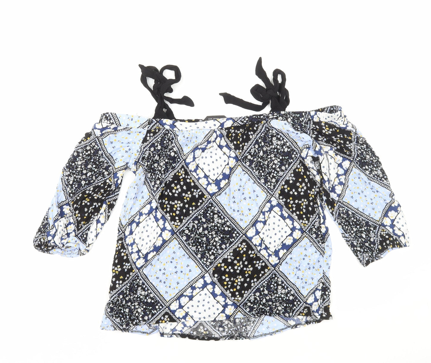 Dorothy Perkins Womens Blue Geometric Viscose Basic Blouse Size 12 Square Neck - Tie Shoulder, Cold Shoulder