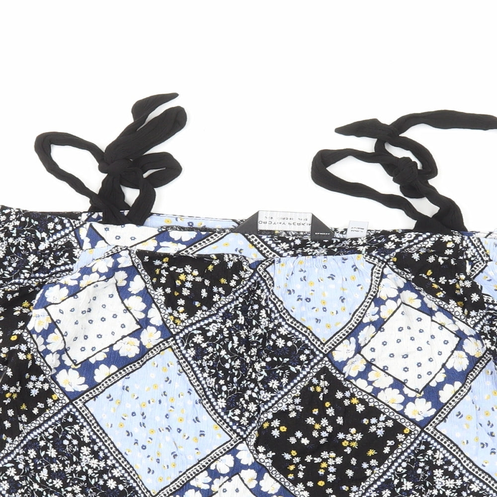 Dorothy Perkins Womens Blue Geometric Viscose Basic Blouse Size 12 Square Neck - Tie Shoulder, Cold Shoulder