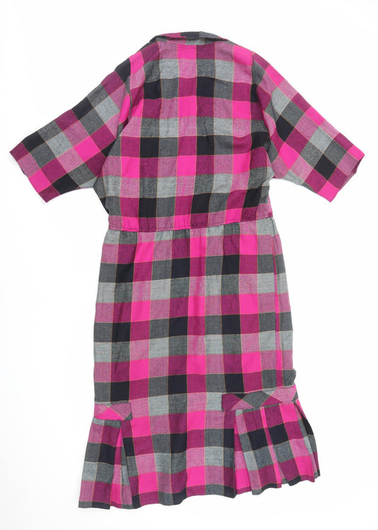 Preworn Womens Pink Check Polyester Shirt Dress Size L Collared Button