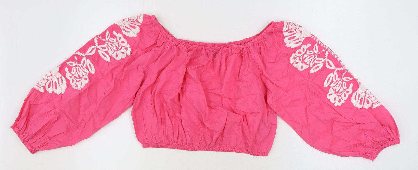 Marks and Spencer Womens Pink 100% Cotton Cropped Blouse Size 16 Boat Neck - Flower Detail