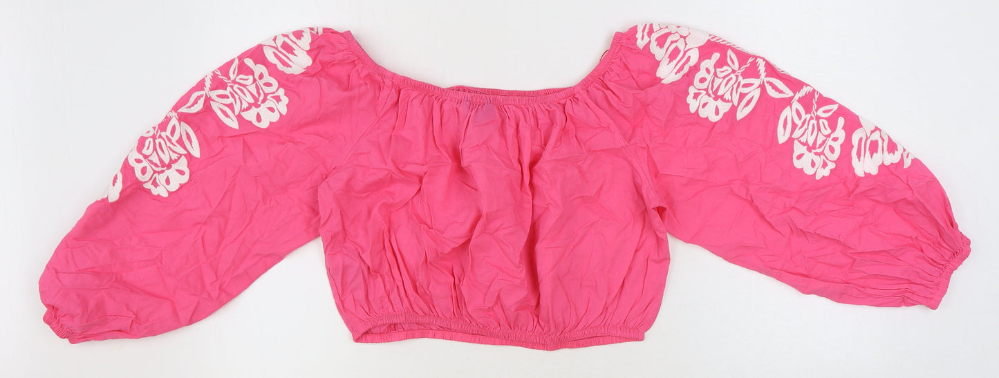 Marks and Spencer Womens Pink 100% Cotton Cropped Blouse Size 16 Boat Neck - Flower Detail