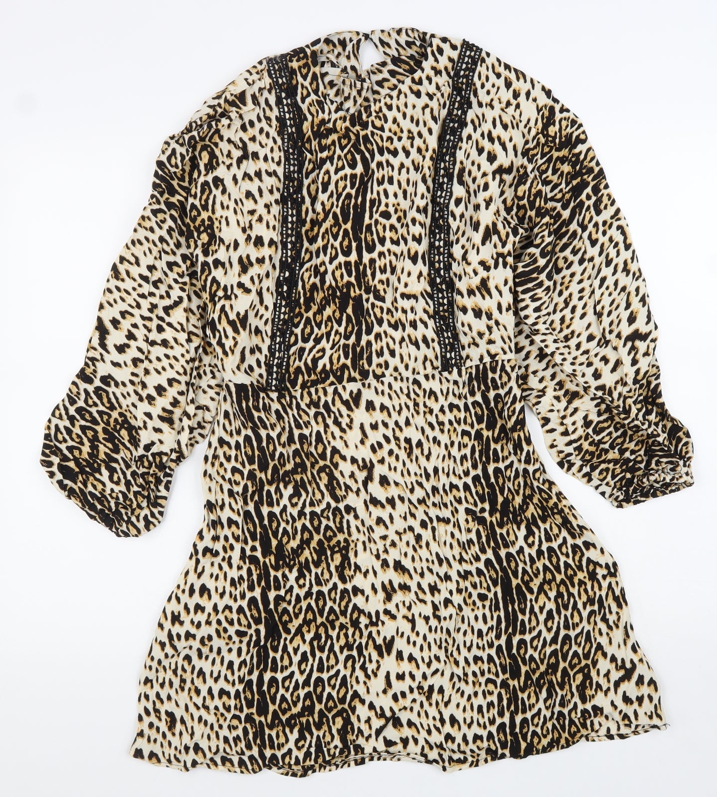 River Island Womens Brown Animal Print Viscose Fit & Flare Size 14 Round Neck Zip - Leopard Print