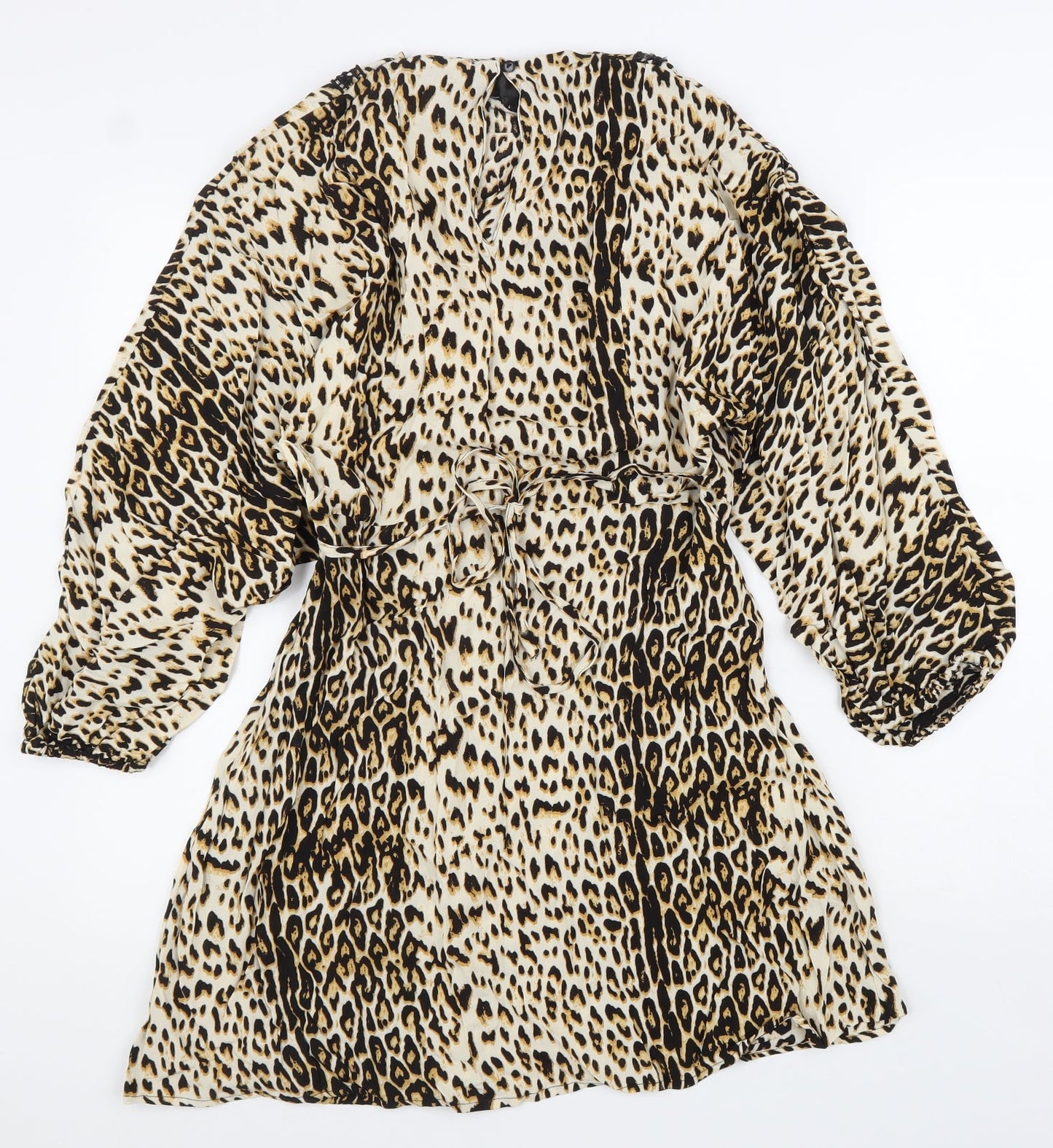 River Island Womens Brown Animal Print Viscose Fit & Flare Size 14 Round Neck Zip - Leopard Print