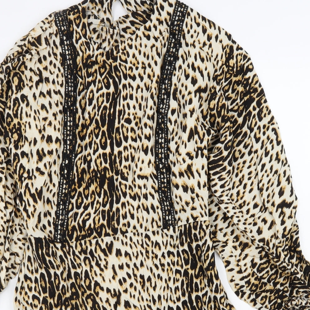 River Island Womens Brown Animal Print Viscose Fit & Flare Size 14 Round Neck Zip - Leopard Print