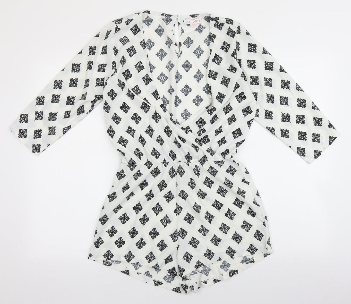 DANCING LEOPARD Womens White Geometric Polyester Playsuit One-Piece Size 8 Button