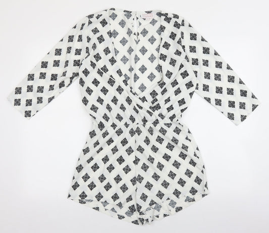 DANCING LEOPARD Womens White Geometric Polyester Playsuit One-Piece Size 8 Button