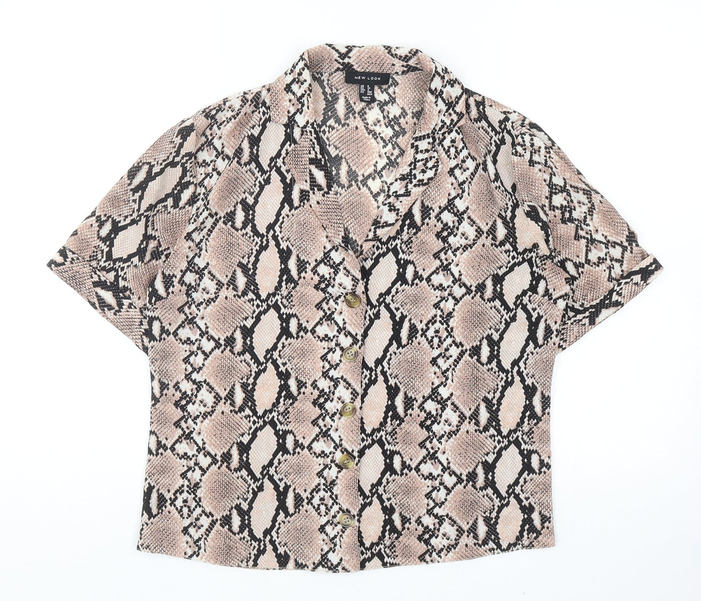 New Look Womens Brown Animal Print Polyester Basic Button-Up Size 8 V-Neck