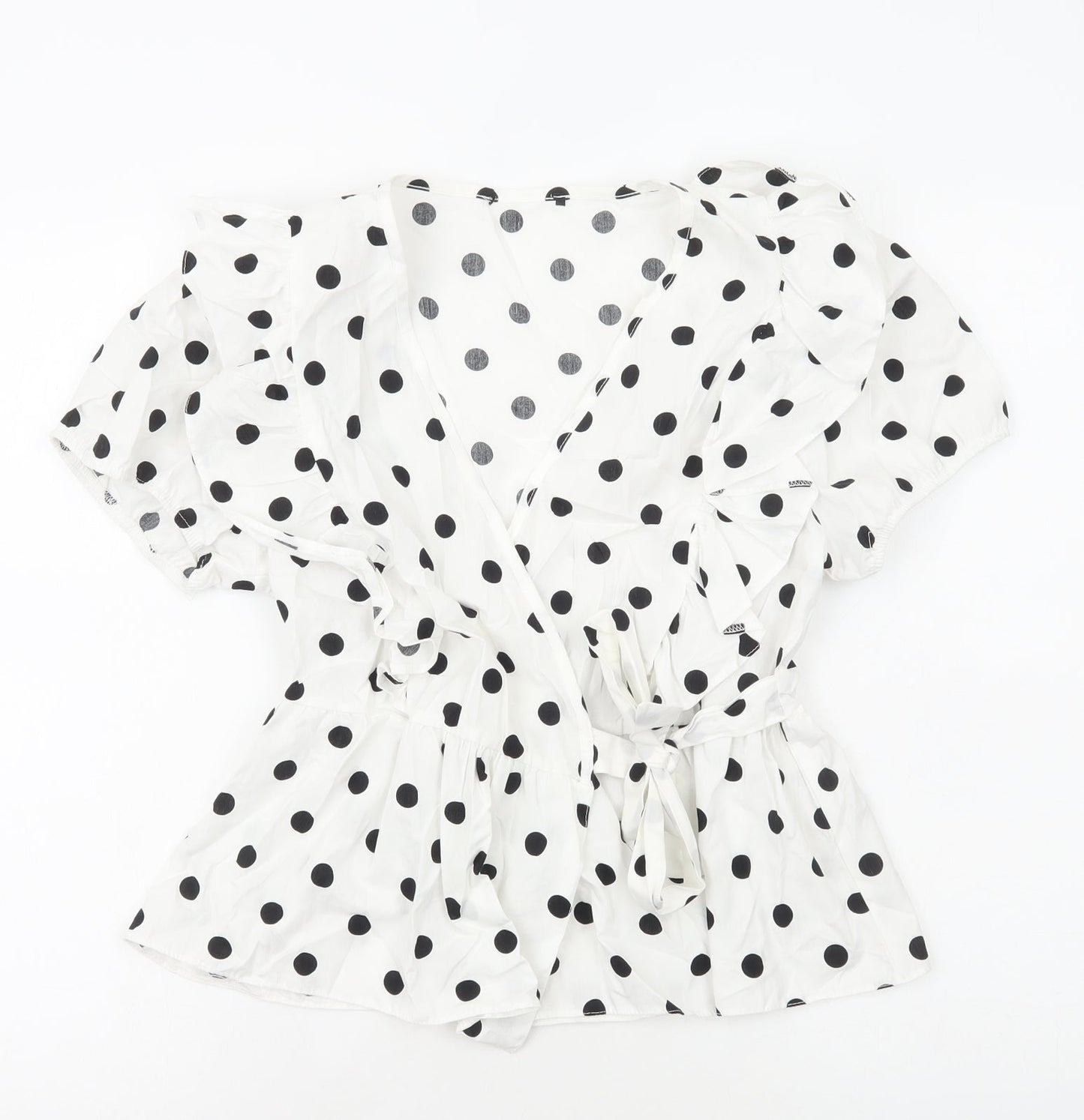 Preworn Womens White Polka Dot Cotton Basic Blouse Size M V-Neck