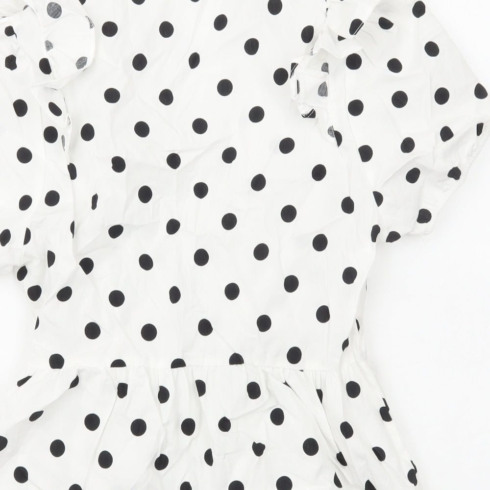 Preworn Womens White Polka Dot Cotton Basic Blouse Size M V-Neck
