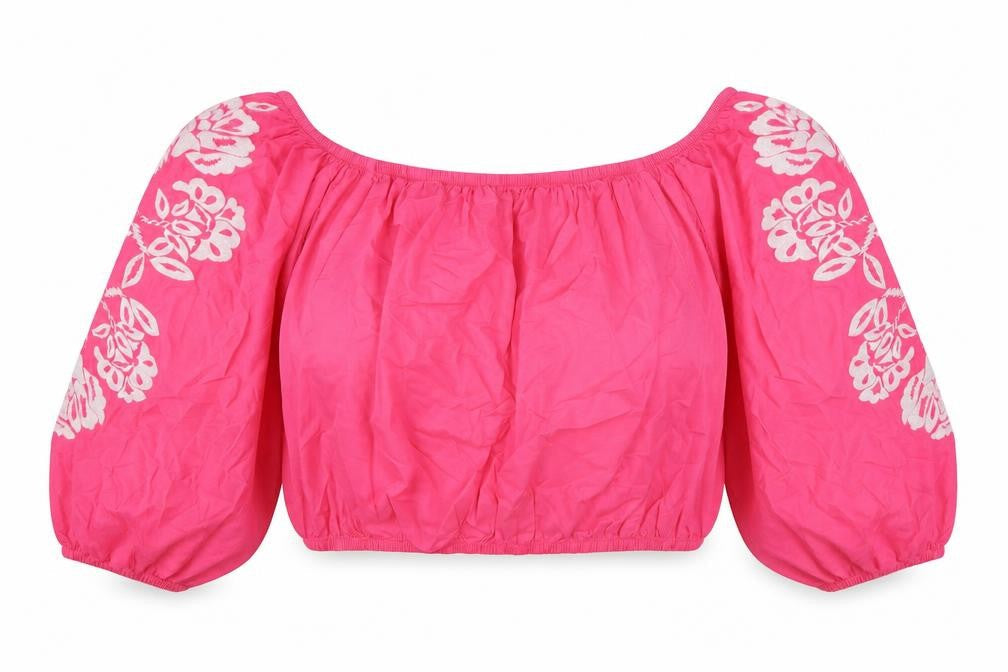 Marks and Spencer Womens Pink Floral 100% Cotton Cropped Blouse Size 18 Off the Shoulder