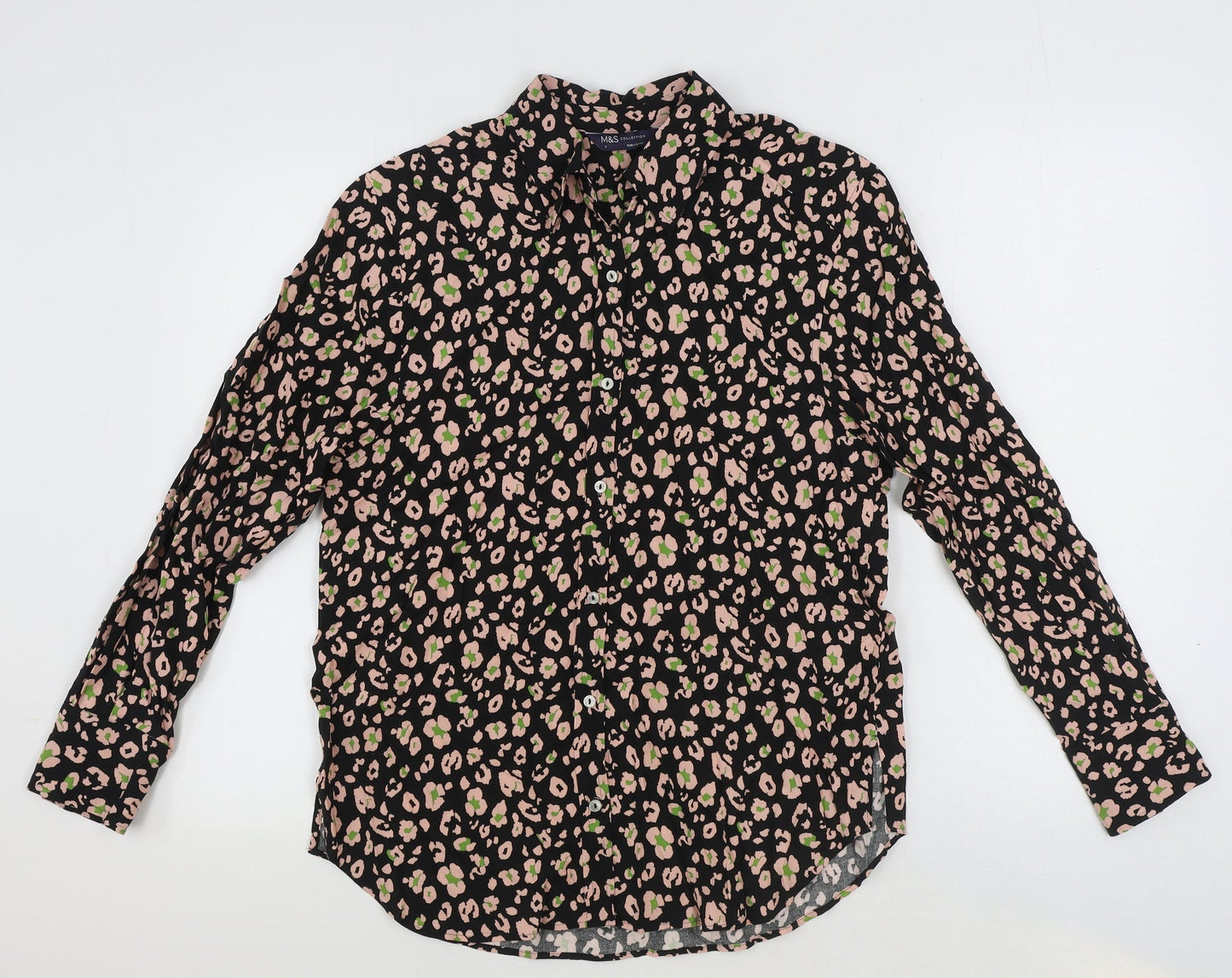 Marks and Spencer Womens Black Animal Print Viscose Basic Button-Up Size 10 Collared