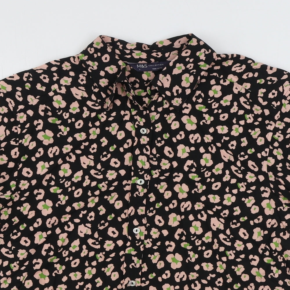 Marks and Spencer Womens Black Animal Print Viscose Basic Button-Up Size 10 Collared