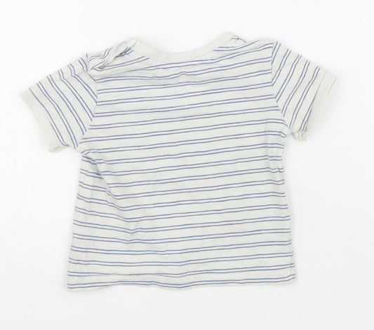 Preworn Boys White Striped 100% Cotton Basic T-Shirt Size 6-9 Months Round Neck Button