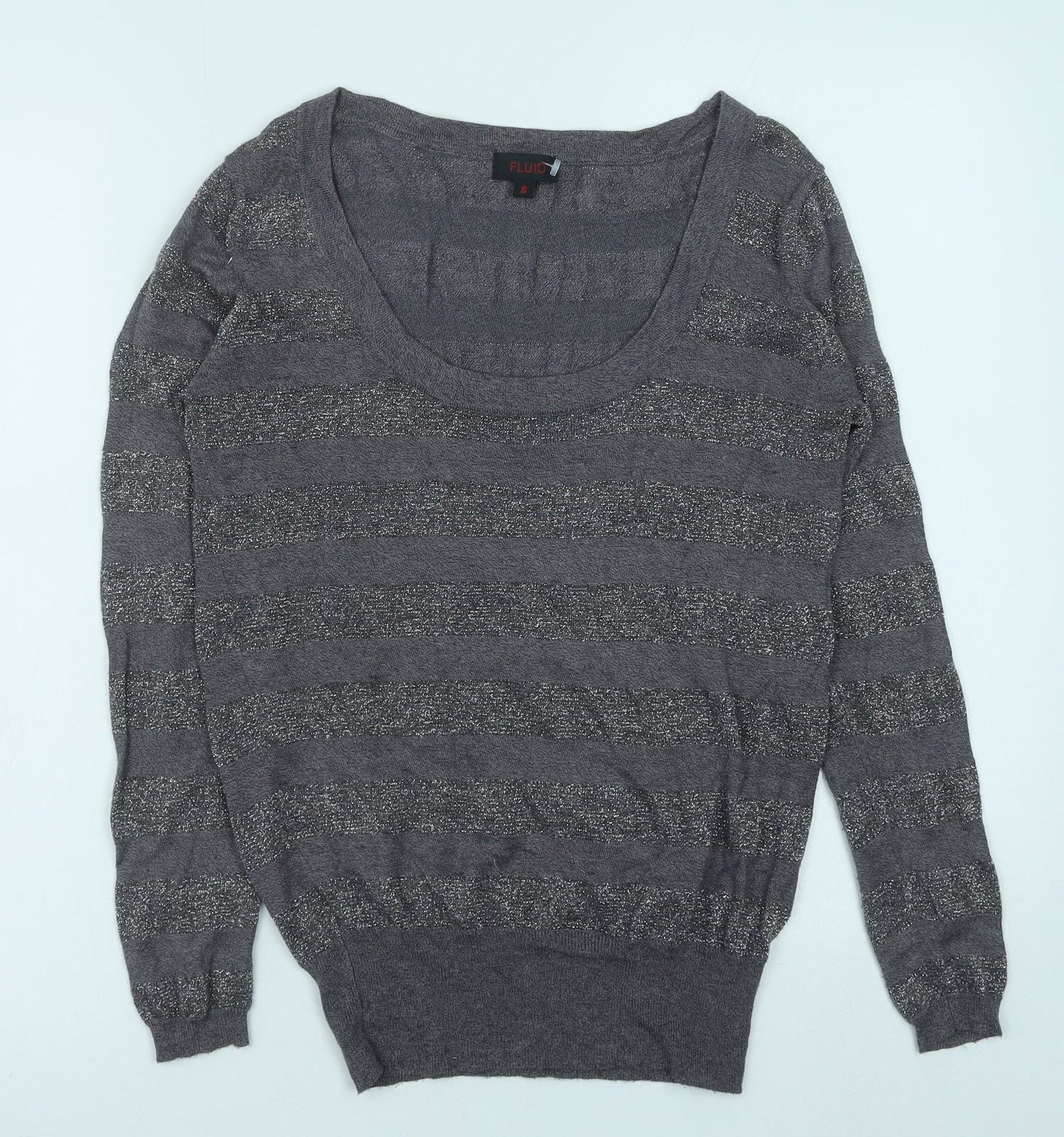 Fluid Womens Grey Scoop Neck Striped Viscose Pullover Jumper Size S