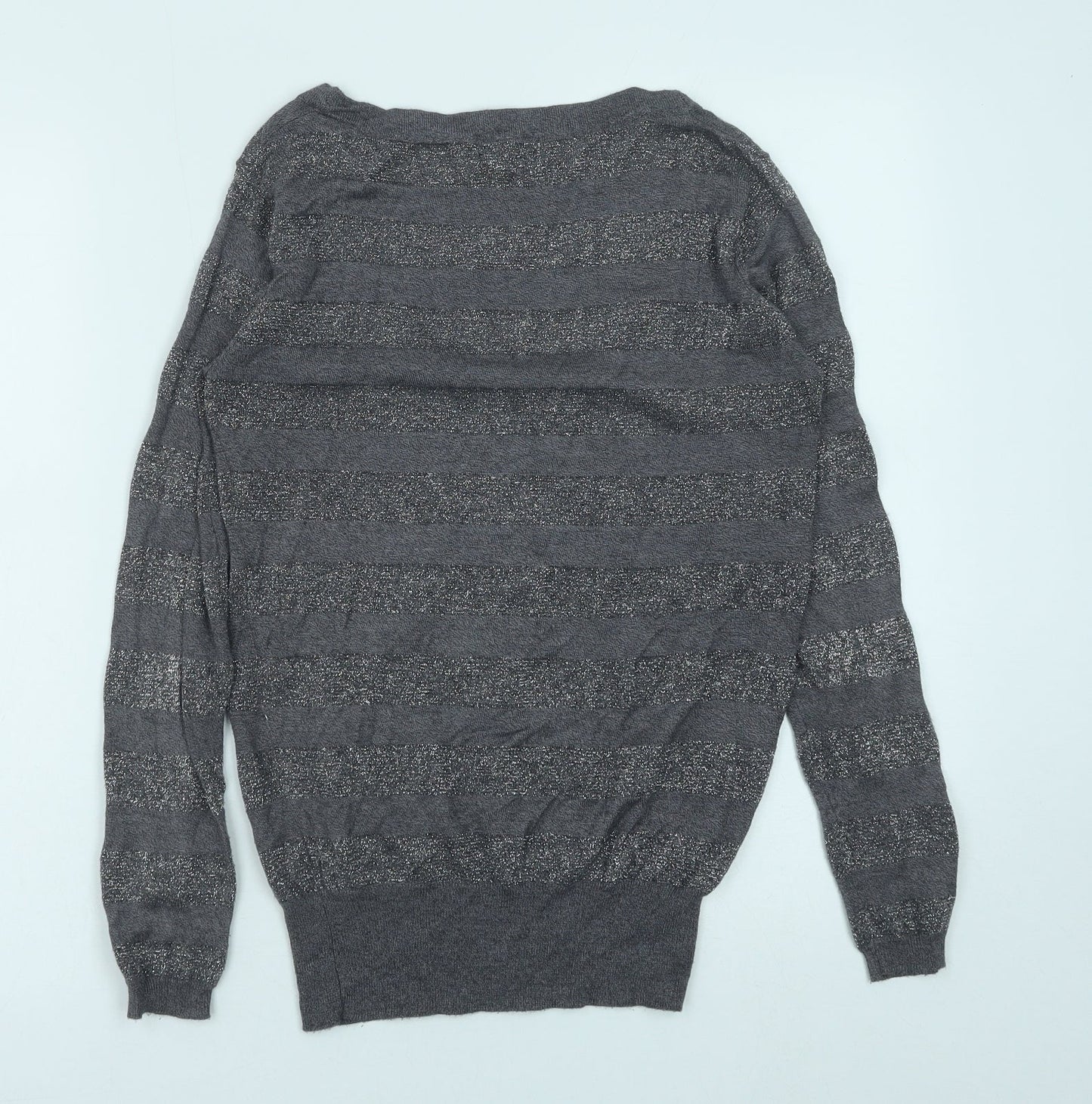 Fluid Womens Grey Scoop Neck Striped Viscose Pullover Jumper Size S