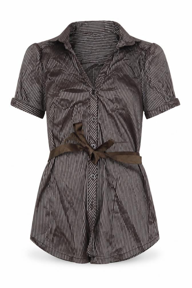 Voyelles Womens Brown Striped Polyester Basic Button-Up Size 4XL Collared