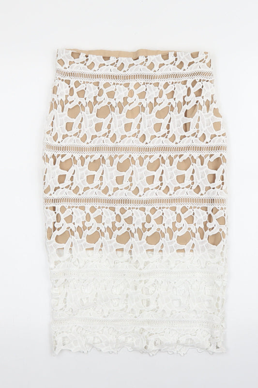 New Look Womens White Polyester Straight & Pencil Skirt Size 8 Zip - Lace detail