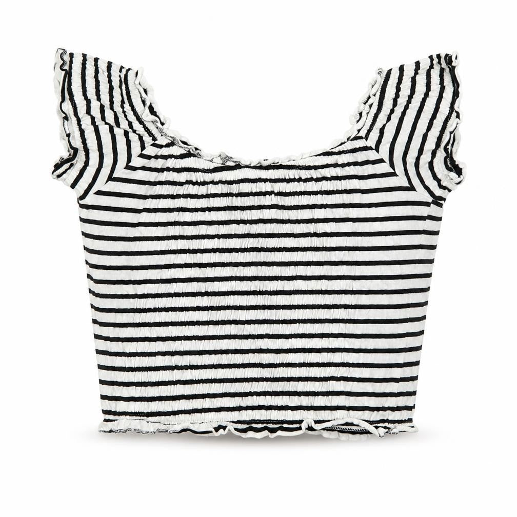 New Look Womens White Striped Cotton Cropped T-Shirt Size 8 Scoop Neck