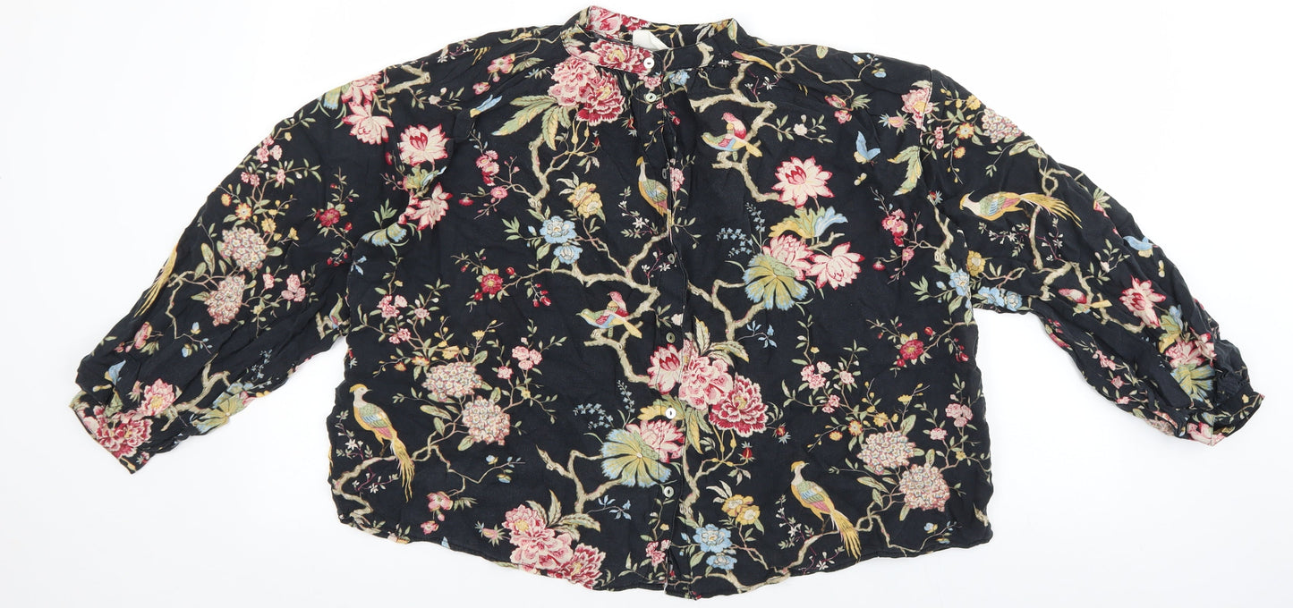 H&M Womens Black Floral Lyocell Basic Button-Up Size 2 Mock Neck