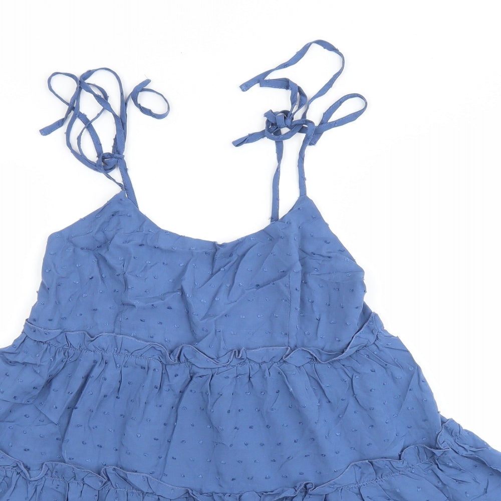 SheIn Womens Blue Viscose Trapeze & Swing Size S Round Neck Tie - Tiered