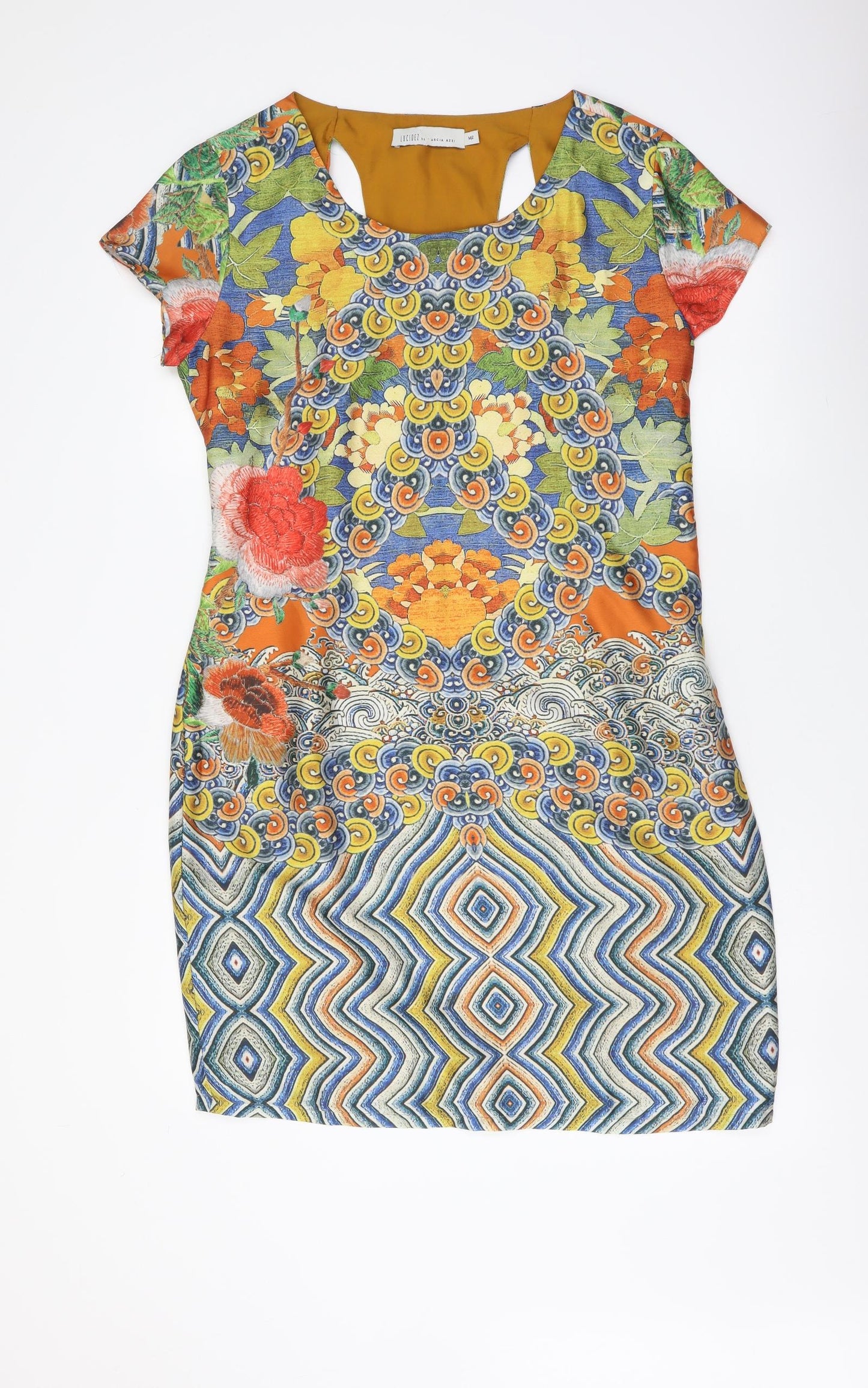 Marcia Azzi Womens Multicoloured Geometric Polyester Pencil Dress Size S Boat Neck Zip