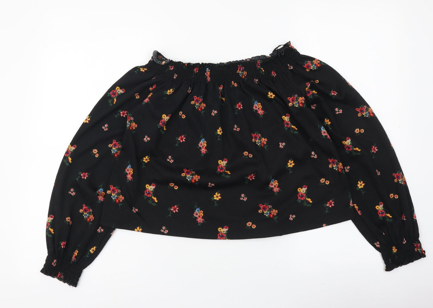 H&M Womens Black Floral Polyester Basic Blouse Size S Off the Shoulder