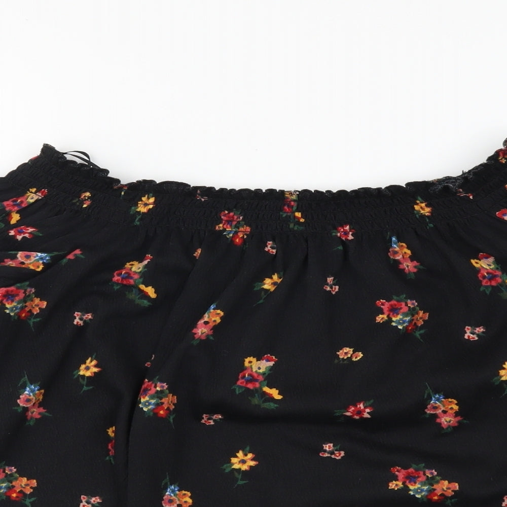 H&M Womens Black Floral Polyester Basic Blouse Size S Off the Shoulder