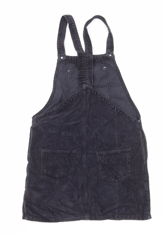 Topshop Womens Black Cotton Pinafore/Dungaree Dress Size 6 Square Neck Button