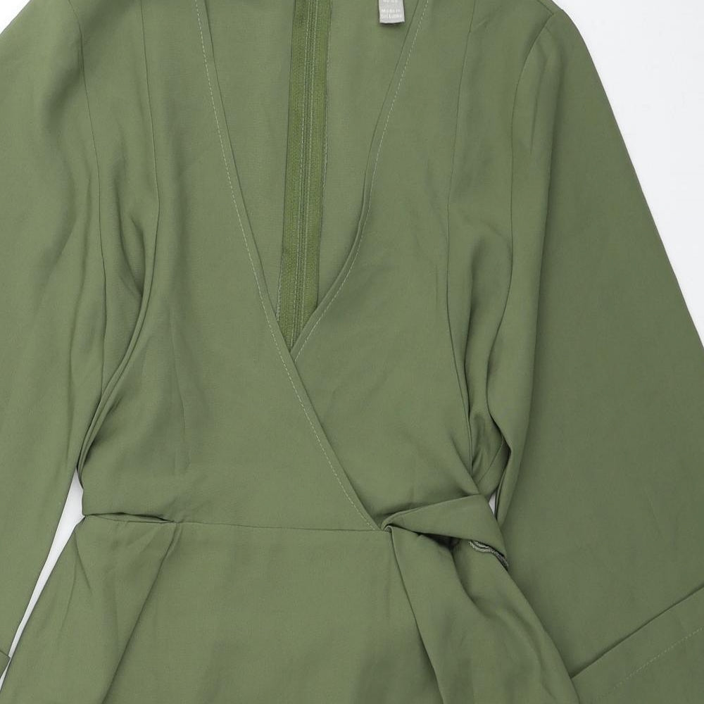 ASOS Womens Green Herringbone Polyester Mini Size 2 V-Neck Zip