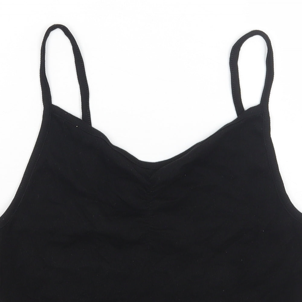 H&M Womens Black Cotton Camisole Tank Size L V-Neck - Ribbed Ruched Front