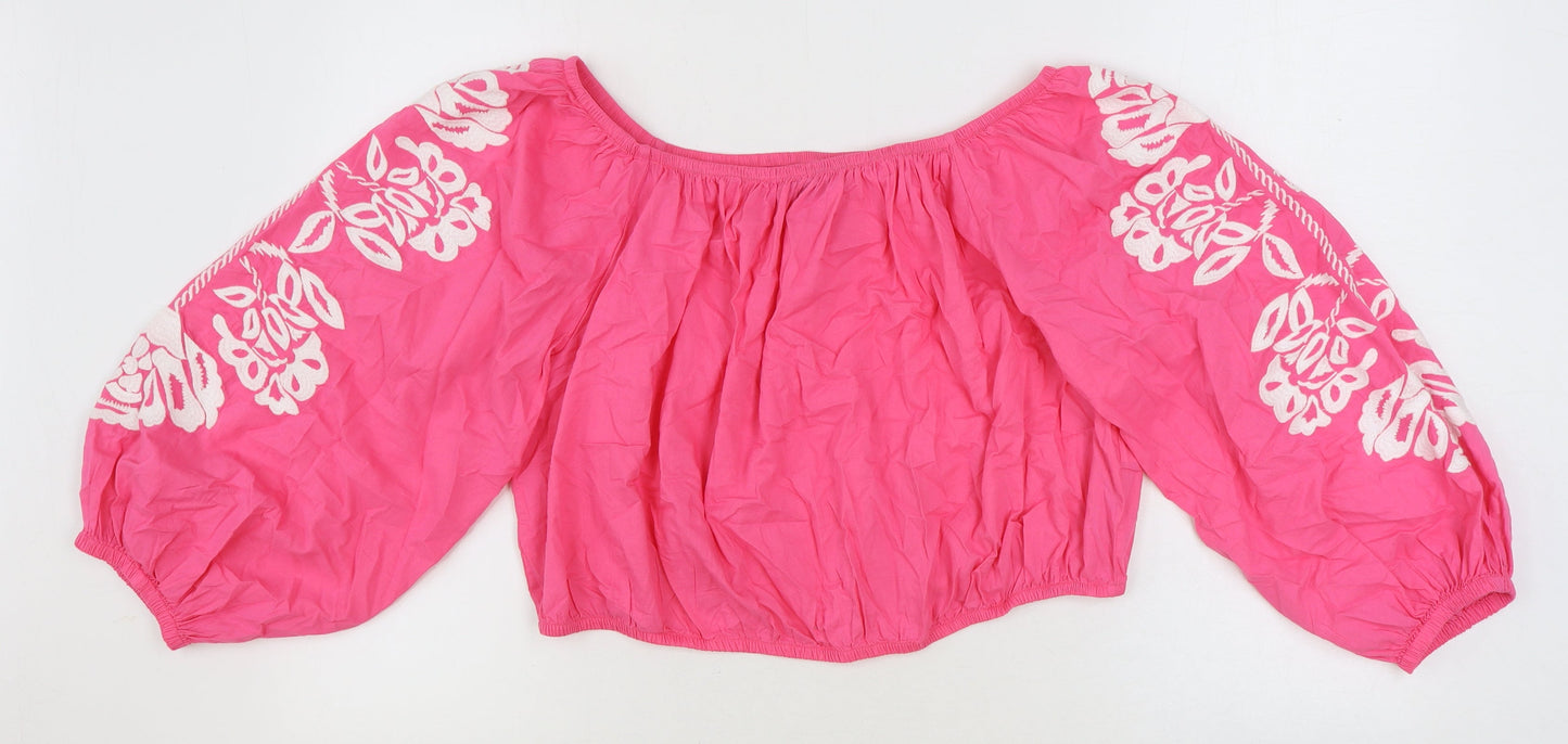 Marks and Spencer Womens Pink Floral 100% Cotton Cropped Blouse Size 20 Off the Shoulder